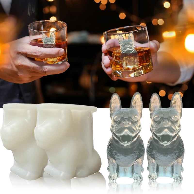 SIUPER 3D French Bulldog Ice Cube Molds Tray Silicone for Whiskey, Cocktail, Coffee Juice Drink; Fun Animal Shape, Christmas Gifts for Bulldog Lovers, Women, Kids; Chocolate Epoxy Resin Molds 2 Pack - Image 1